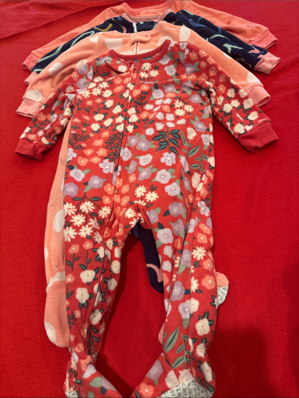 Carter's Coral Floral Fleece Footed One-Piece sets of 4